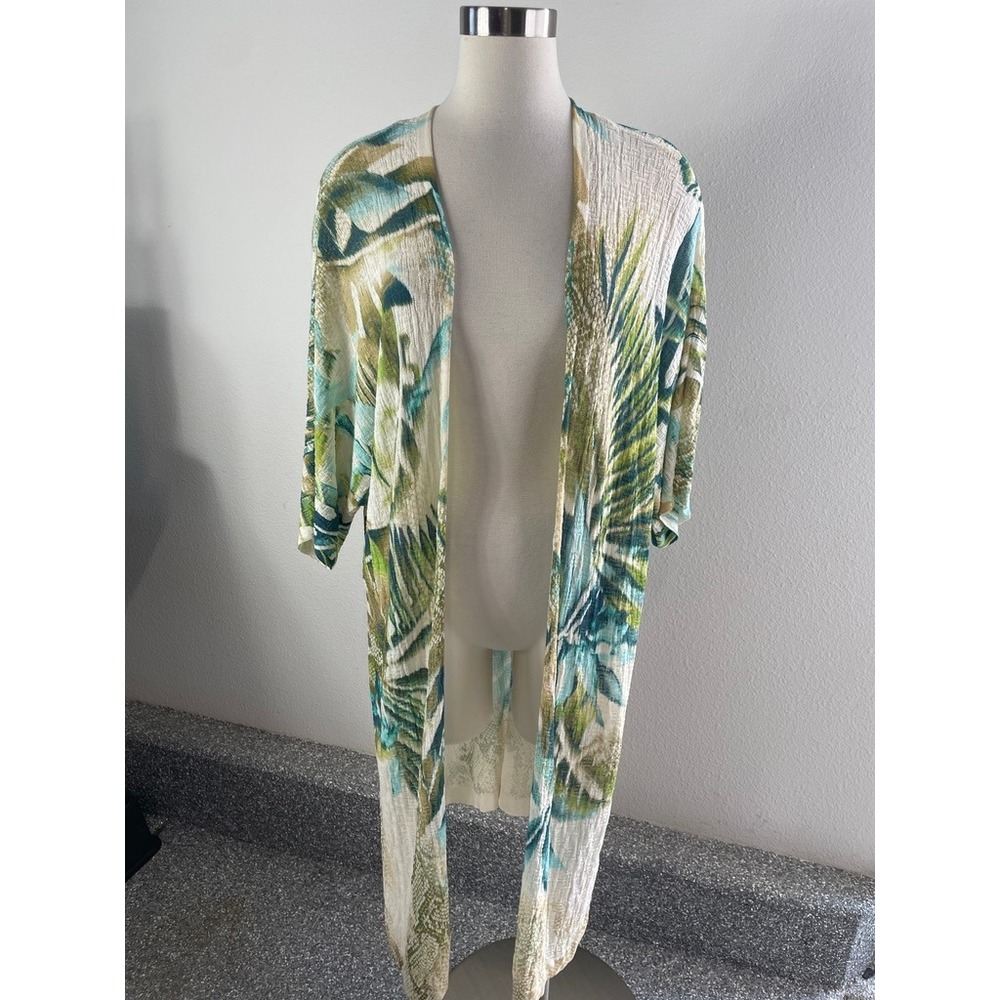 Chicos Medium Tropical Palm Long Kimono Cardigan Green Teal Short Sleeve